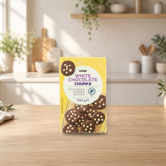 Coop White Chocolate Crumbs for Baking 100g – product photo on a table