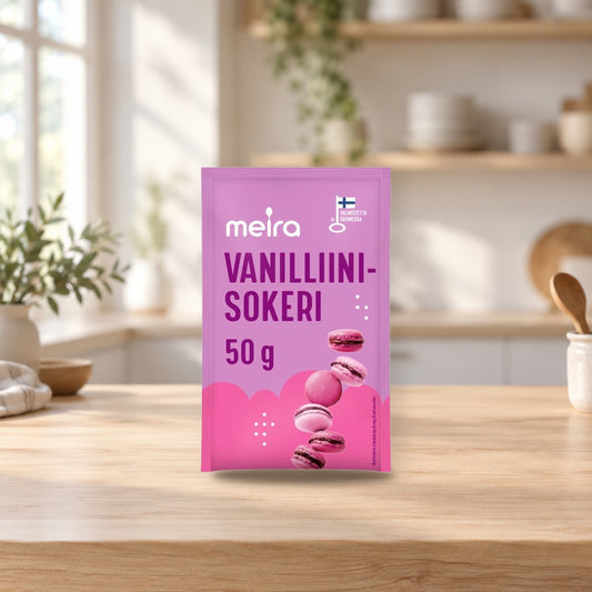 Meira Vanillin Sugar 50g – product photo on a table