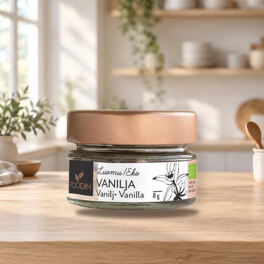 Foodin Organic Vanilla 8g – product photo on a table