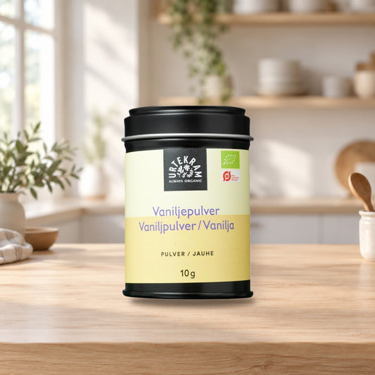 Urtekram Organic Vanilla Powder 10g – product photo on a table