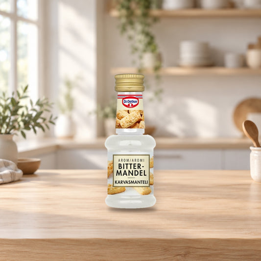 Dr. Oetker Bitter Almond Flavoring 30ml – product photo on a table