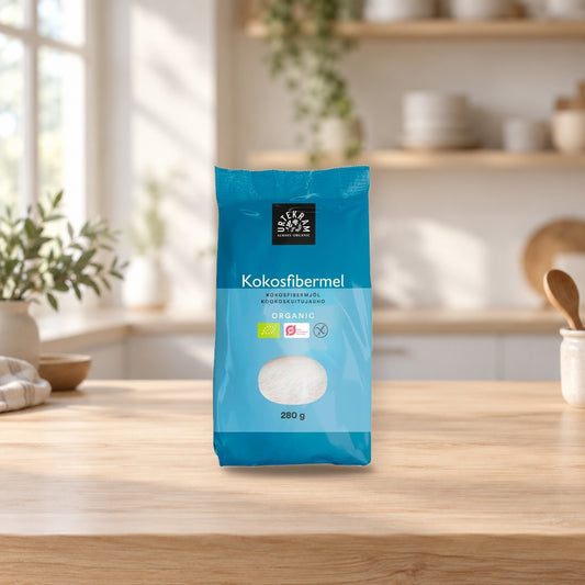 Urtekram Organic Coconut Fiber Flour 280g – product photo on a table