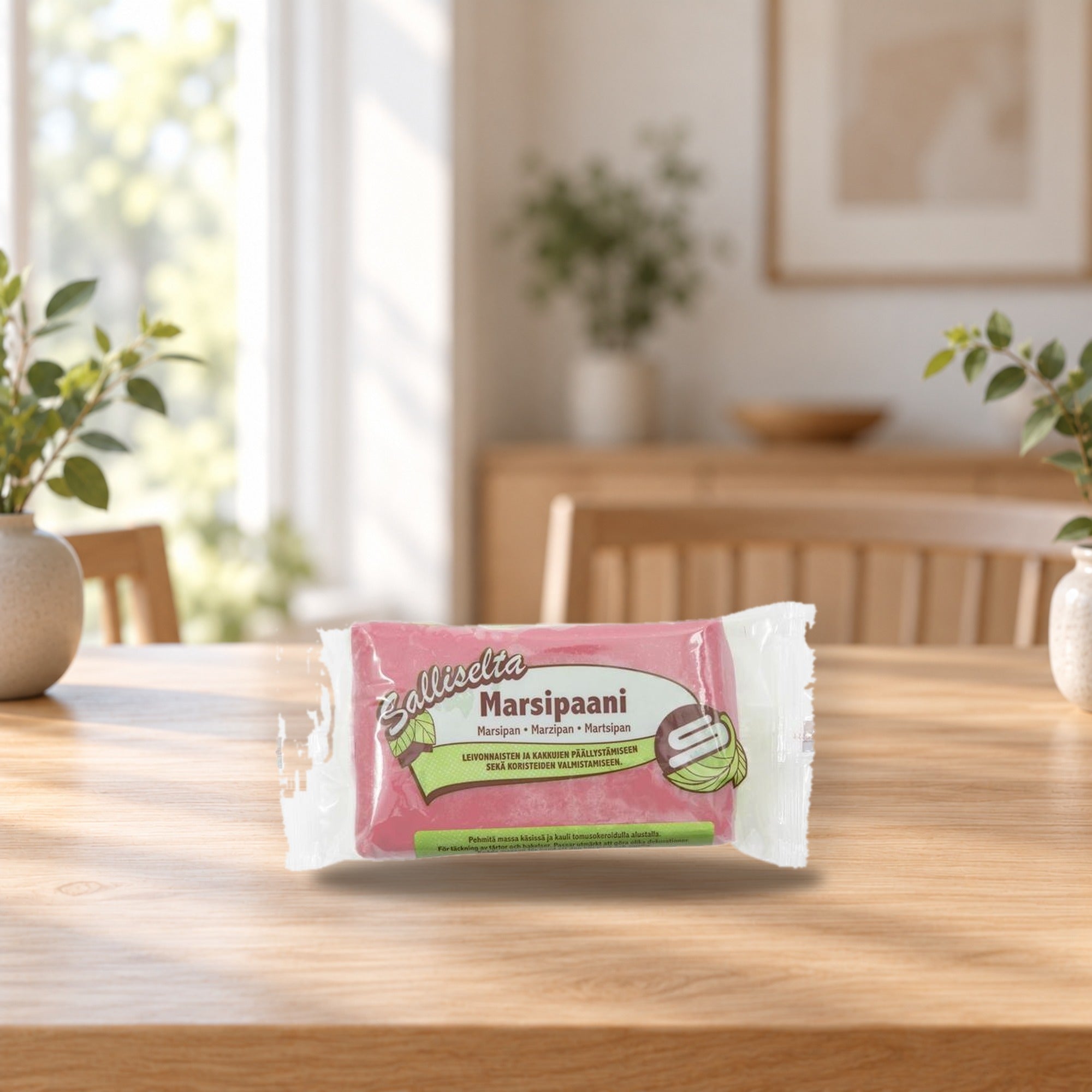 Sallinen Pink Marzipan 250g – product photo on a table