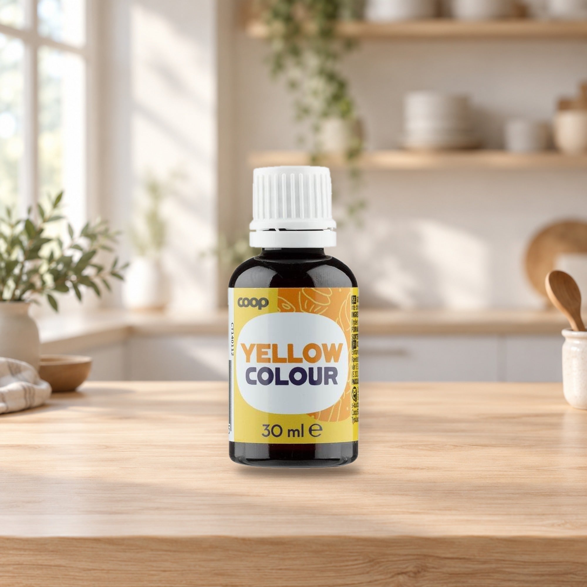 Coop Yellow Food Coloring 30ml – product photo on a table