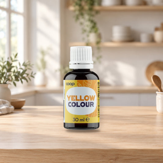 Coop Yellow Food Coloring 30ml – product photo on a table