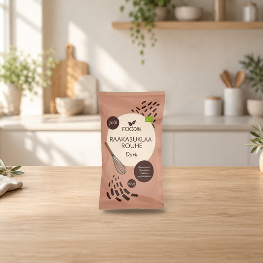 Foodin Organic Raw Dark Chocolate Mass 100g – product photo on a table