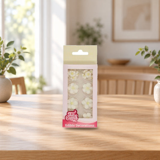 FunCakes Edible Decoration. White/Yellow Flower Assortment – product photo on a table