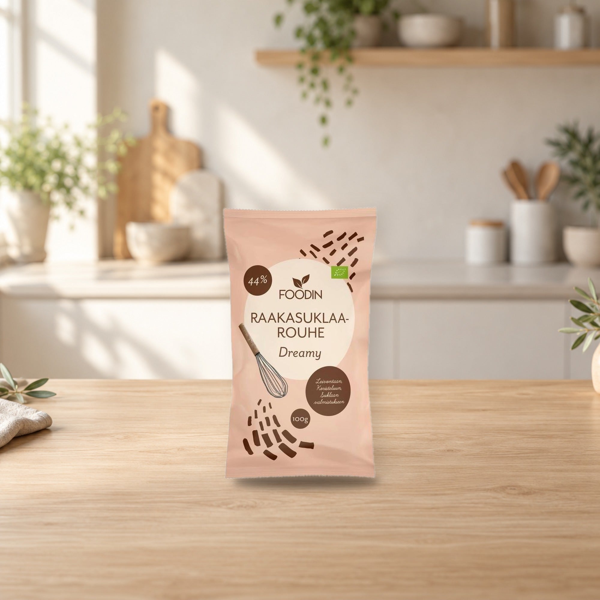 Foodin Organic Raw Chocolate Crumbs 100g – product photo on a table