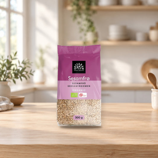 Organic White Sesame Seeds 300g – product photo on a table