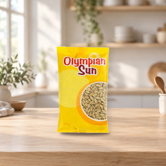 Olympian Sun Salted Sunflower Seeds 100g – product photo on a table