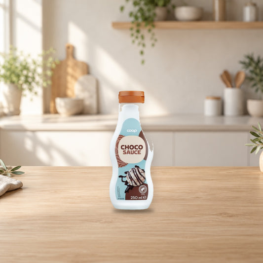 Coop Dessert Sauce Chocolate 250 ml – product photo on a table