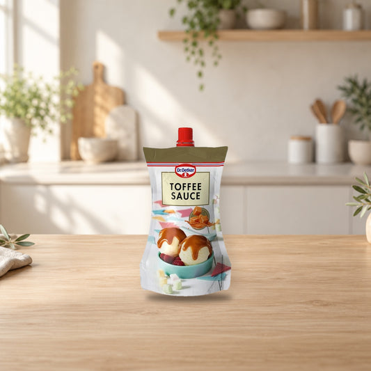 Dr. Oetker Toffee Dessert Sauce 120g – product photo on a table