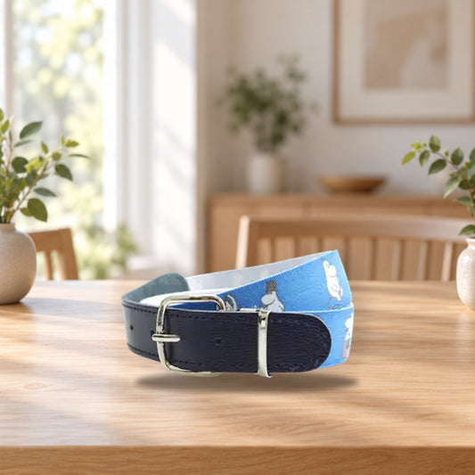 Moomin Children's Elastic Belt Light Blue 25mm – product photo on a table