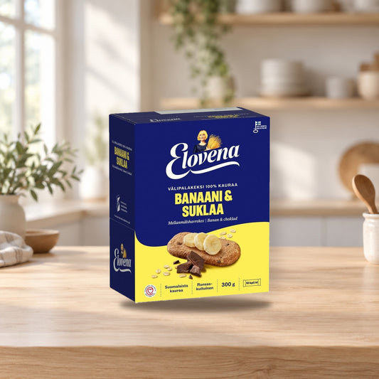 Elovena Banana Chocolate Whole Grain Snack Biscuit 100% Oats – product photo on a table