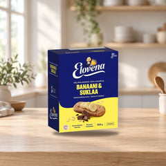 Elovena Banana Chocolate Whole Grain Snack Biscuit 100% Oats – product photo on a table