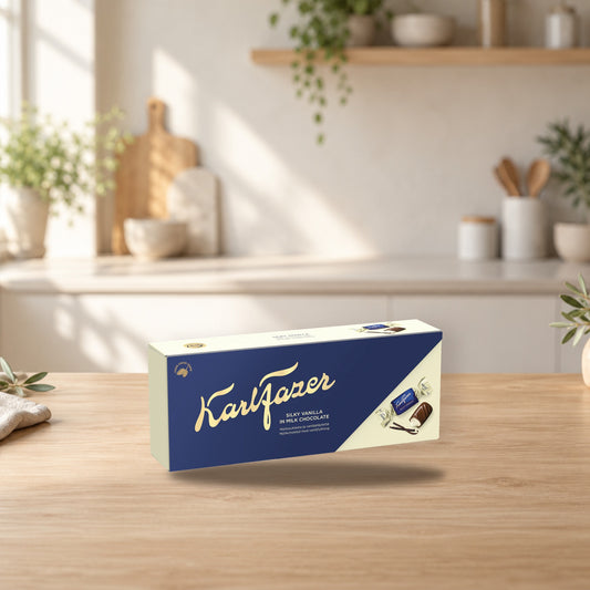 Karl Fazer Silky Vanilla chocolate 1 Box of 250g – product photo on a table