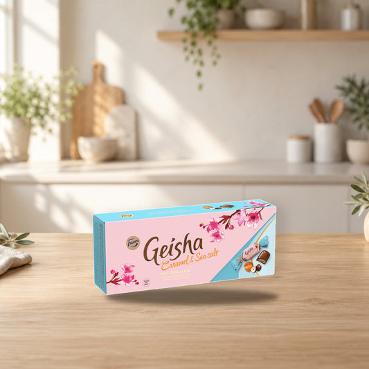 Fazer Geisha Seasalt & Caramel chocolate 1 Box of 250g – product photo on a table