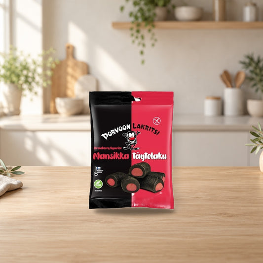 Porvoon Lakritsi Strawberry Liquorice 1 pack × 150g – product photo on a table