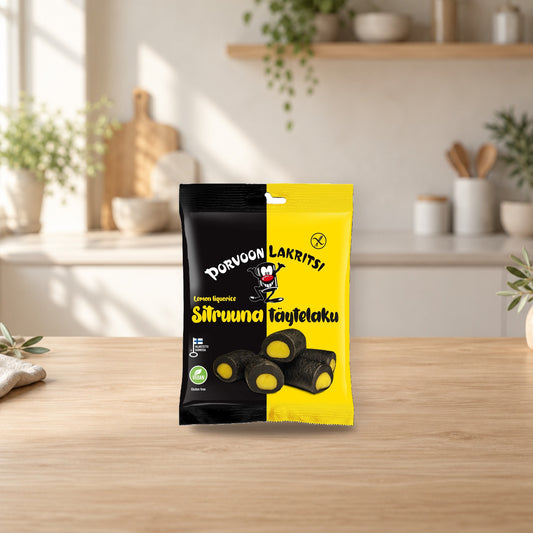 Porvoon Lakritsi Lemon Filled Liquorice 1 pack × 150g – product photo on a table