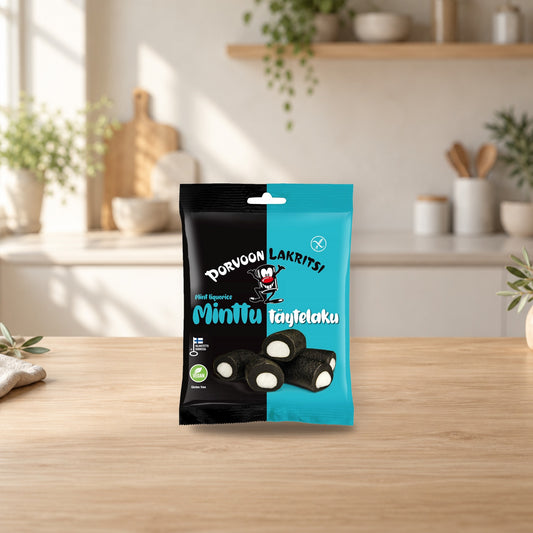 Porvoon Lakritsi Mint Filled Liquorice 1 pack × 150g – product photo on a table