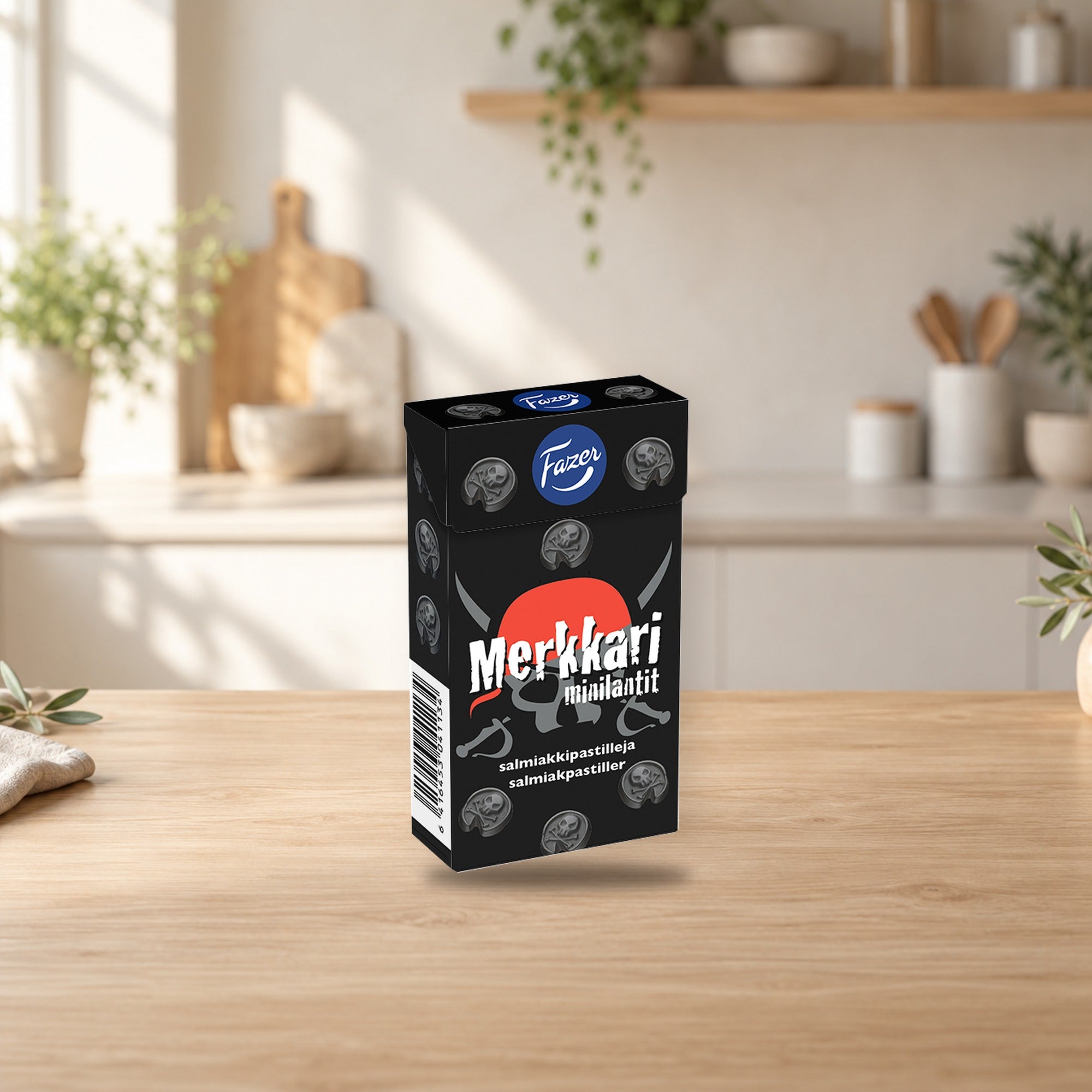 Fazer Merkkari Mini Salty Liquorice Pastilles 1 Box × 38g – product photo on a table