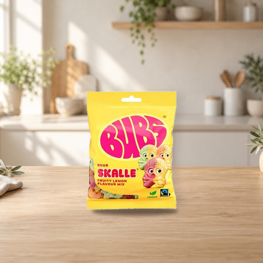 Bubs Sour Skalle Fruity Lemon Mix 90g × 1 Pack – product photo on a table