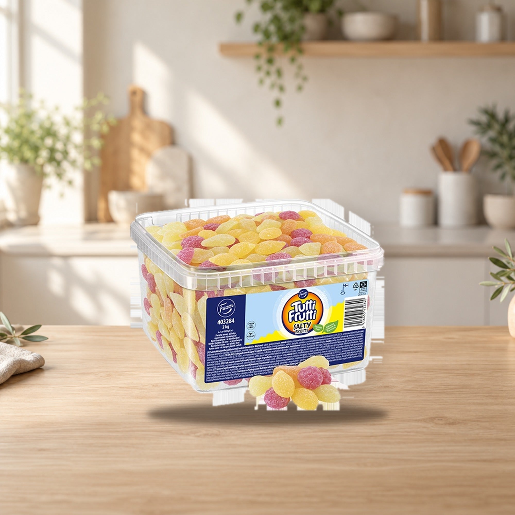 Fazer Tutti Frutti Salty Fruits Bulk Candy 2 kg – product photo on a table