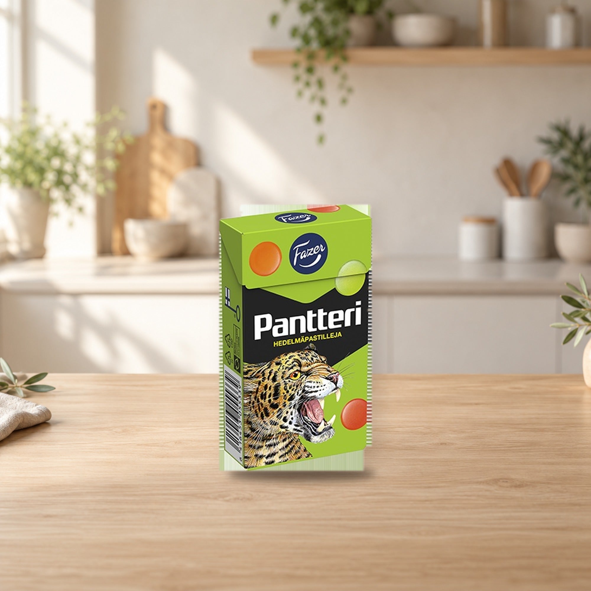 Fazer Pantteri Fruit Pastilles 38 g – product photo on a table