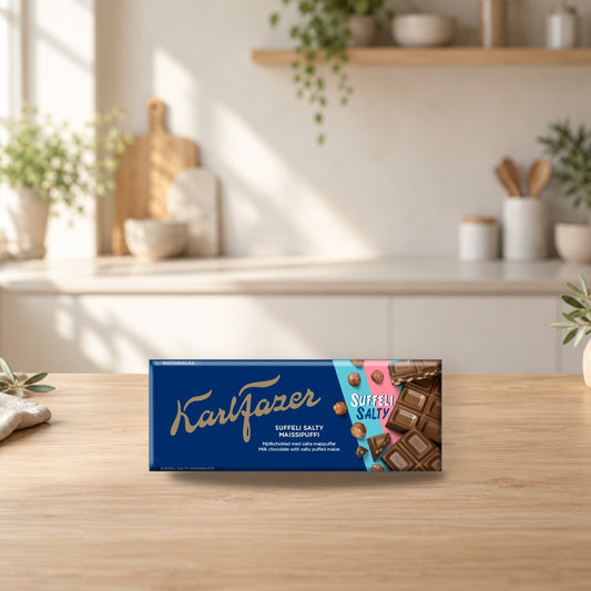 Karl Fazer Salty Suffeli Puff Milk Chocolate Bar 160 g – product photo on a table