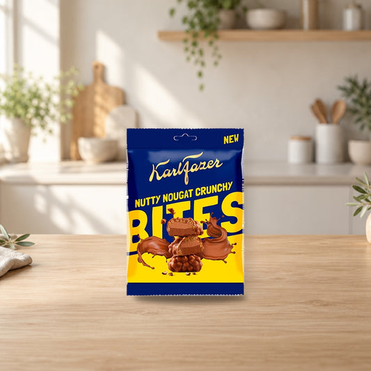 Karl Fazer Nutty Nougat Crunchy Bites 94 g Bag – product photo on a table