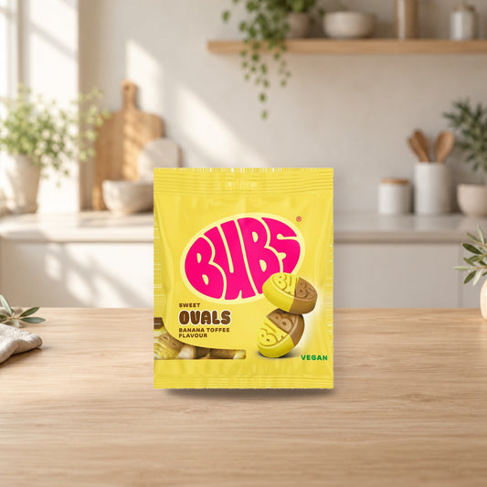Bubs Ovals Banana Toffee Candy 155g – product photo on a table