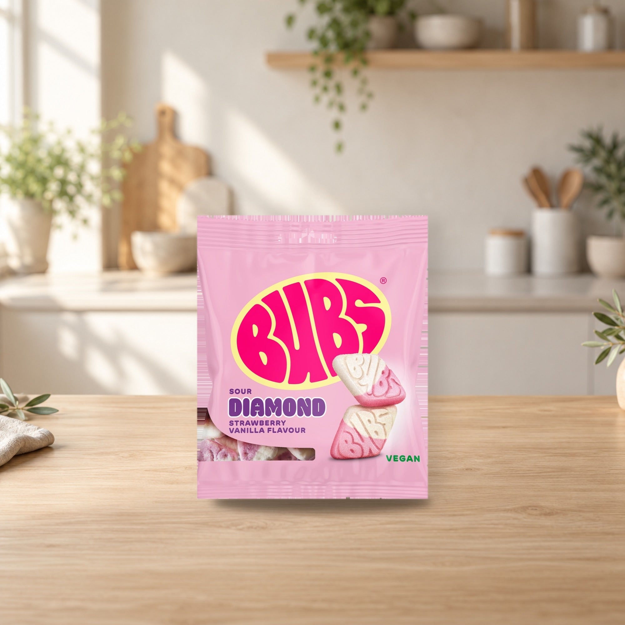 Bubs Diamond Strawberry Vanilla Sour Candy 155g – product photo on a table