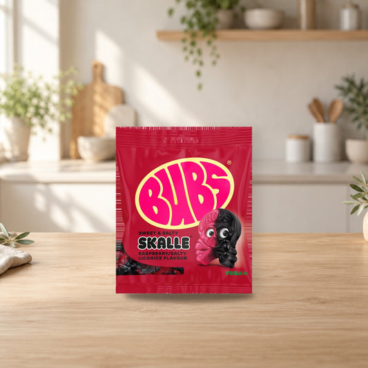 Bubs Skalle Raspberry Salty Licorice Candy 155g – product photo on a table
