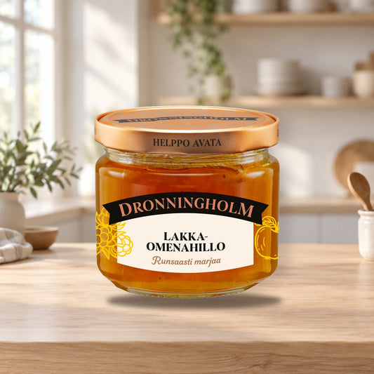 Dronningholm Cloudberry & Apple Jam 280g – product photo on a table