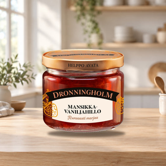 Dronningholm Strawberry Vanilla Jam 280g – product photo on a table