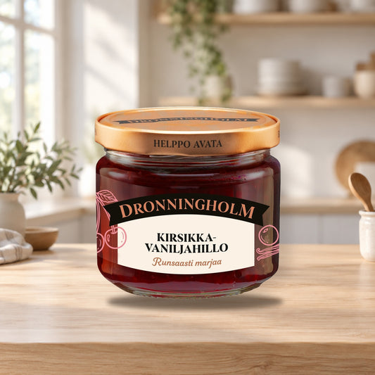 Dronningholm Cherry Vanilla Jam 280g – product photo on a table