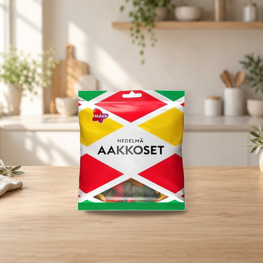 Malaco Aakkoset Fruit Wine Gums 315g Bag – product photo on a table