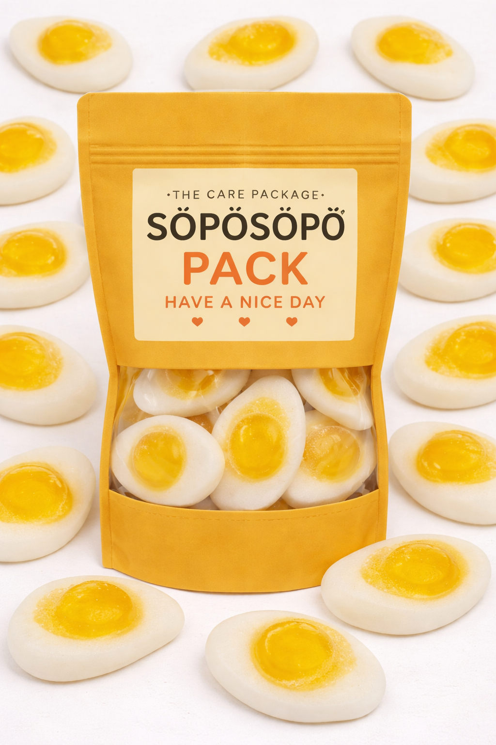 SÖPÖSÖPÖ Scandinavian Treat Pack –  Fried Egg Gummies – 150g Nordic Candy Bag – Soft Fruity Foam Candy –  soposopo pack