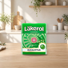 Läkerol Eucalyptus Sugar-Free Pastilles 25g Box – product photo on a table