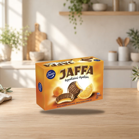 Fazer Jaffa Orange Chocolate Box 300g – product photo on a table