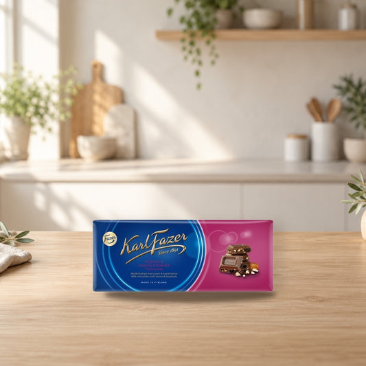 Fazer Raisin & Hazelnuts Milk Chocolate Bar 200g – product photo on a table