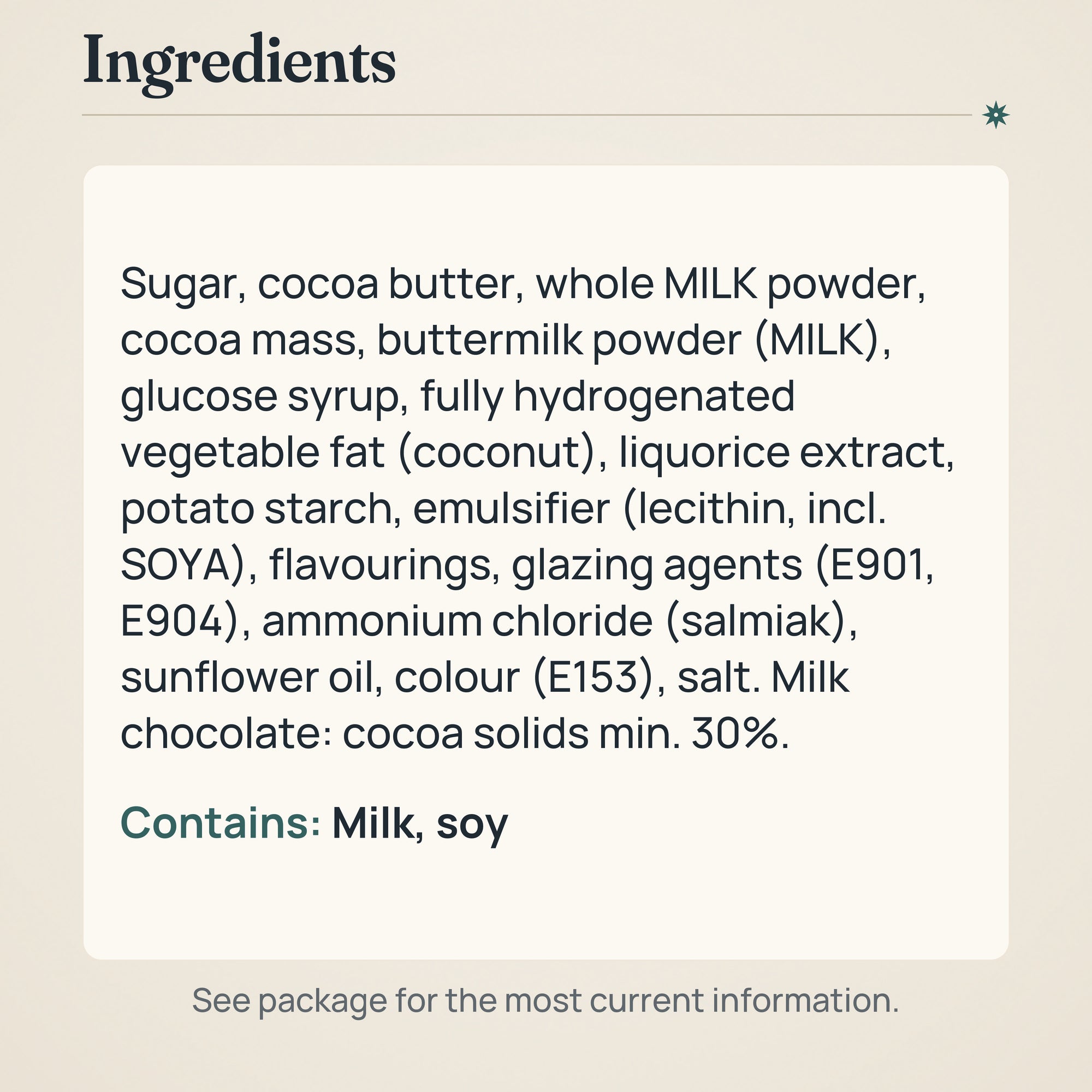 Fazer Liquorice Drage Milk Chocolate 180g Bar – Ingredients and allergens