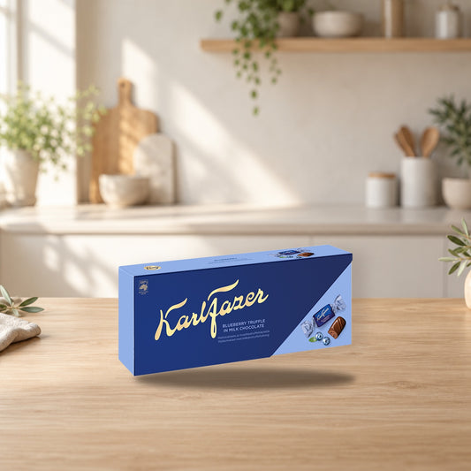 Fazer Blueberry Truffle Chocolate Box 250g – product photo on a table