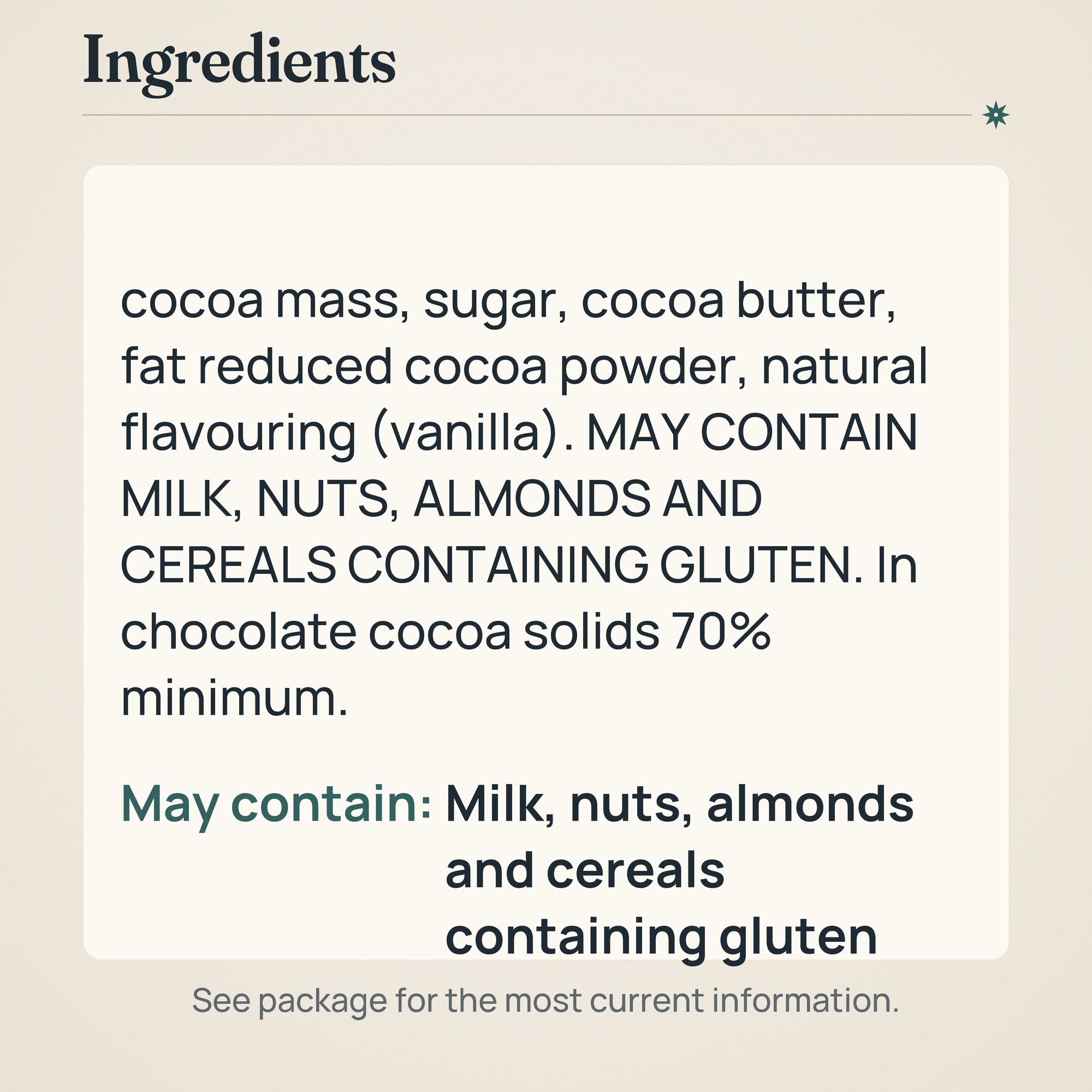Karl Fazer 70% Dark Chocolate Box 3kg – Ingredients and allergens