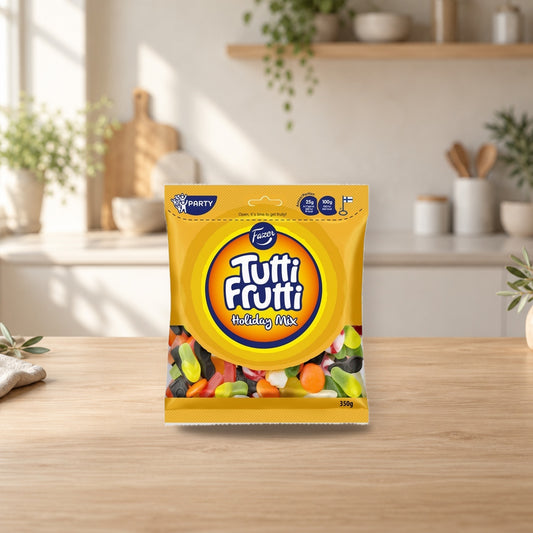 Fazer Tutti Frutti Holiday Mix Jumbo Gummy 220g – product photo on a table