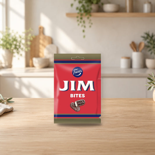 Fazer Jim Bites Chocolate 94g – product photo on a table