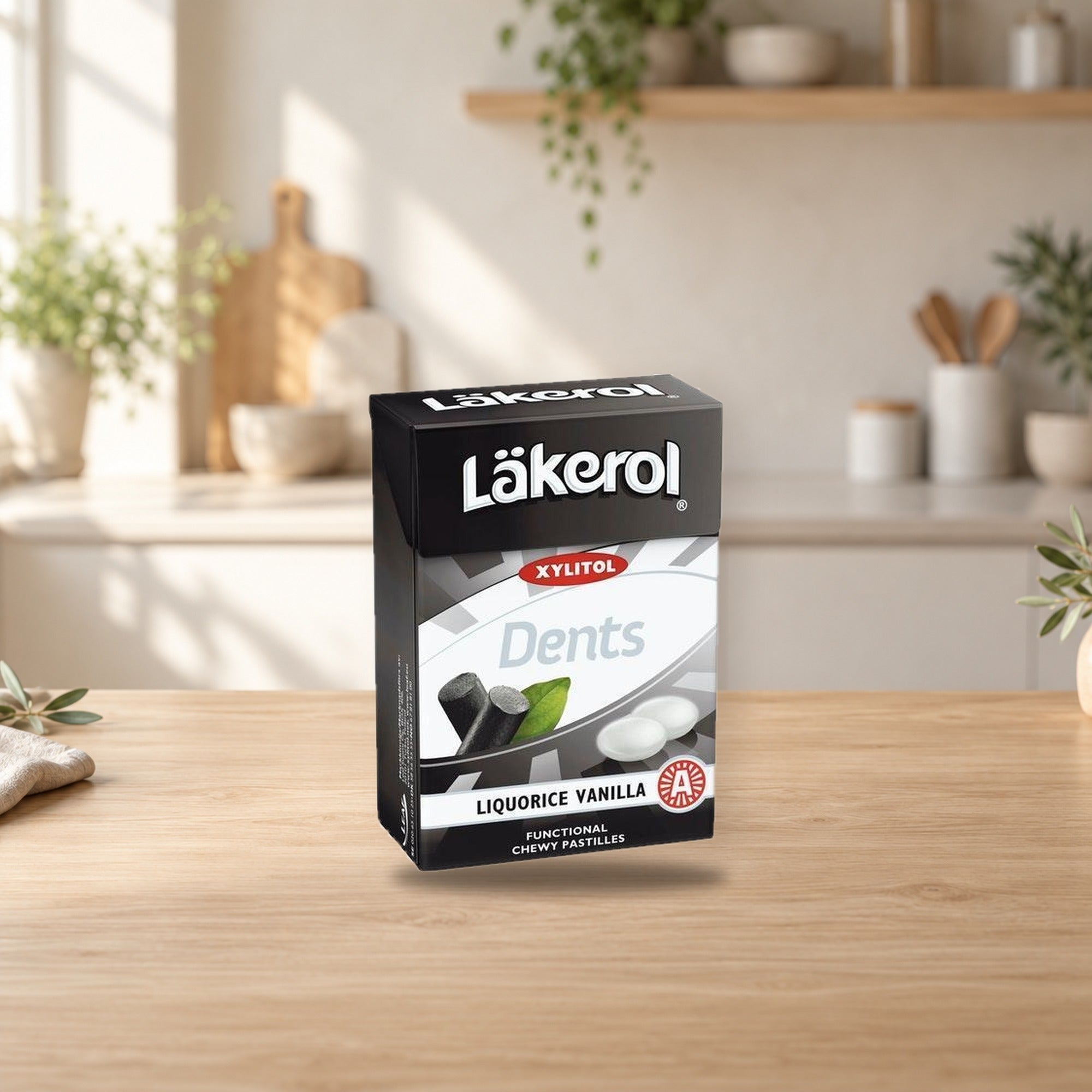 Cloetta Lakerol Dents Vanilla Pastilles 85g Box – product photo on a table