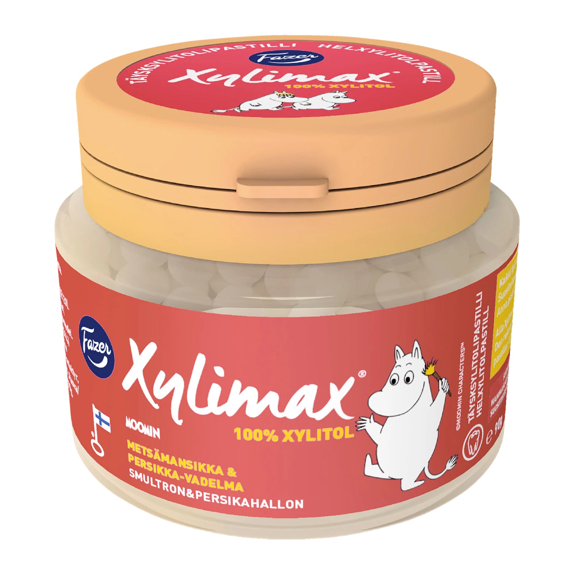 Fazer Moomin Xylimax Wild Strawberry & Peach Pastilles 90g – product photo