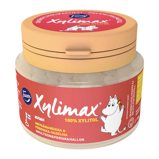 Fazer Moomin Xylimax Wild Strawberry & Peach Pastilles 90g – product photo