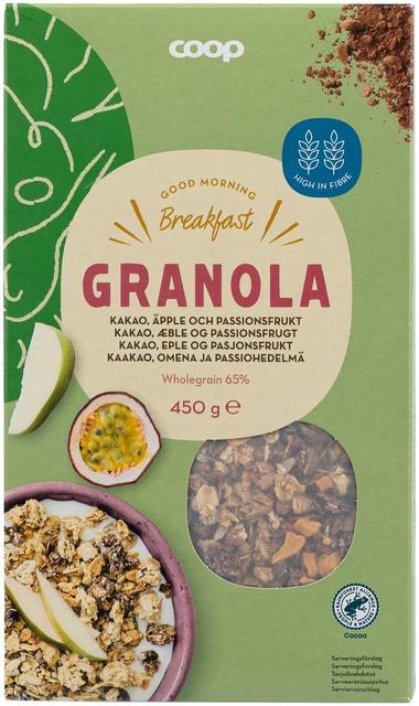 Coop granola cocoa, apple, and passion fruit 450 g | Soposopo